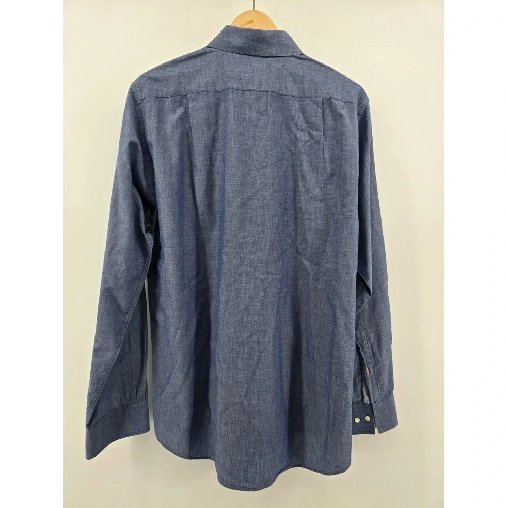 J.McLaughlin Button Down Shirt Mens Large Blue Trim Fit Chambray Cotton Long Slv